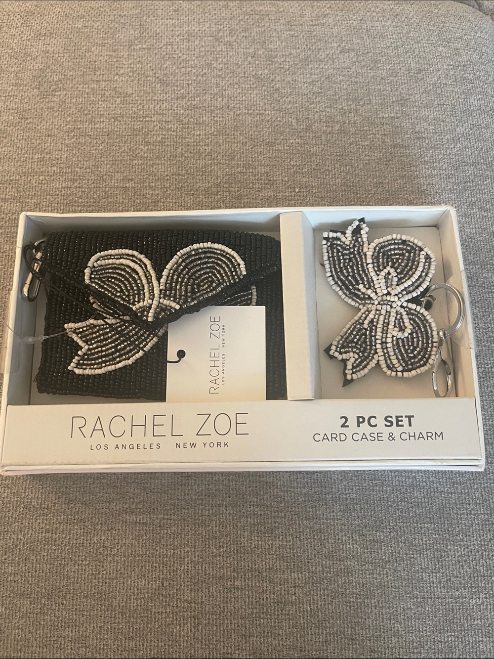 Rachel Zoe Black and White Beaded Card Case with Butterfly Charm
